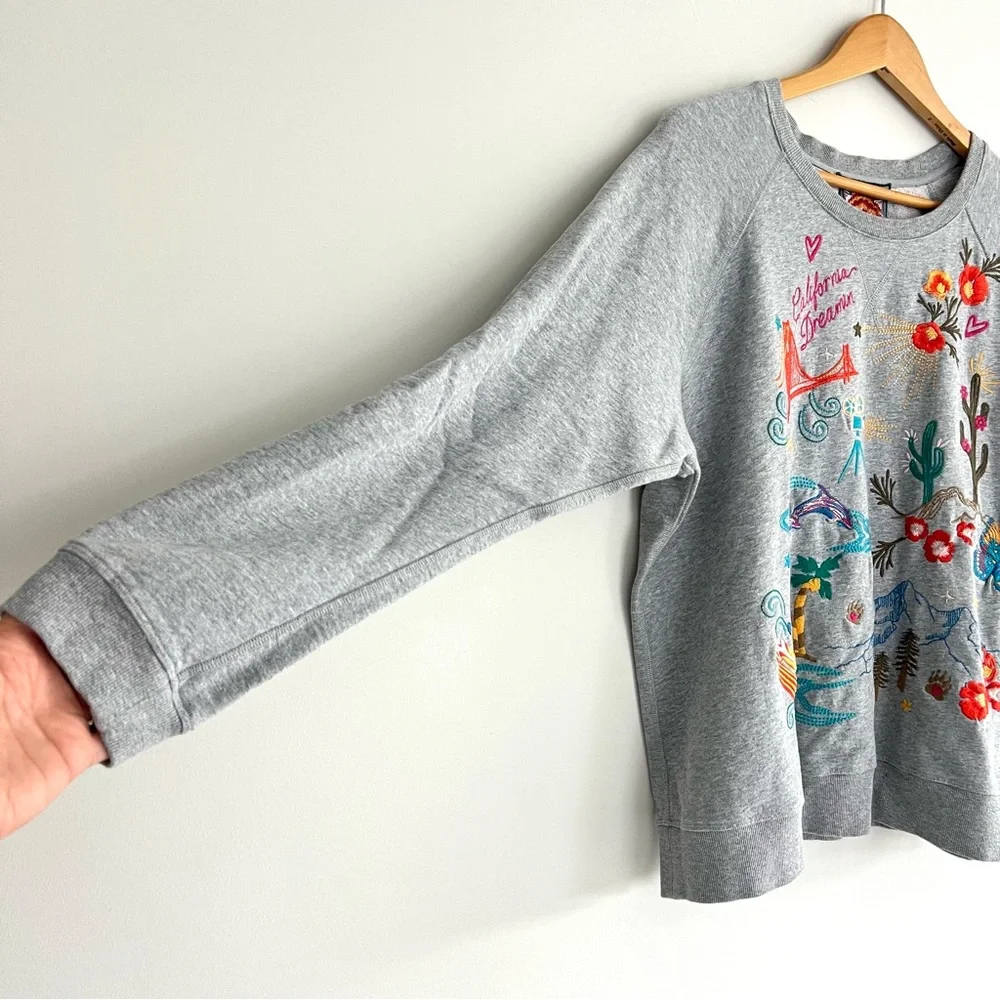 JOHNNY WAS California Raglan Gray Multicolor Embroidery Cotton Sweatshirt Sz XL - Picture 6 of 16